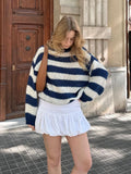 Chicmy-nye outfits Casual Knit Striped Sweaters Women Off Shoulder Loose Long Sleeve O-neck Pullover Tops 2025 Autumn Lady High Street Jumper New