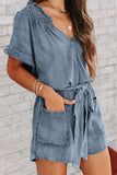 CHICMY- Street Solid Make Old V Neck Short Sleeve High Waist Loose Denim Jumpsuits