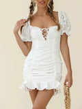 Chicmy-Frill White Cotton Eyelet Shirred Criss Cross Ruffle Hem Dress