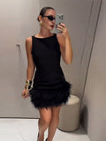 Chicmy-nye outfits Spliced Feathers Hem Women Short Dress Solid O Neck Sleeveless Female Party 2025 Sexy Evening High Waist Fashion Lady Vestidos