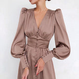 Chicmy-Glossy Retro Button Lantern Sleeve Satin Flowy Nye Midi Dress