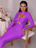 Chicmy Elegant Hollow Out Long Sleeve Sexy Maxi Dress For Women Solid Color Slim Fit Cut Out Club Party Long Dress New-Christmas Outfit