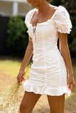 Chicmy-Frill White Cotton Eyelet Shirred Criss Cross Ruffle Hem Dress