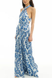 Chicmy-new fashion trend Greek Island Printed Cross Back Halter Flowy Maxi Dress