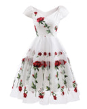 Chicmy-new fashion trend Rose Floral Embroidered V-Neck Elegant Party Pleated Mesh Overlay Vintage  Dresses