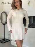 Chicmy-nye outfits Elegant Knitted Ribbed Sweater Mini Dress Women Autumn Winter Flare Sleeve O-neck Vestidos Party Club Ladies Pullover Dresses