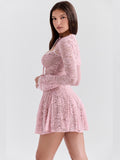 Chicmy Lace Flare Long Sleeve Sexy Mini Dress For Women Robe Autumn New Pink O Neck A-line High Waist Pleated Dress Elegant-Christmas Outfit