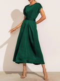 Chicmy-new fashion trend Loose Short Sleeves Solid Color Split-Joint Tied Waist Round-Neck Midi Dresses