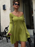 Chicmy-nye outfits Elegant Knitted Ribbed Sweater Mini Dress Women Autumn Winter Flare Sleeve O-neck Vestidos Party Club Ladies Pullover Dresses