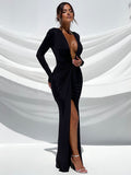 Chicmy Deep V Neck Long Sleeve Split Maxi Dress Women Elegant Clubwear 2023 Autumn New Bodycon Ruched Sexy Long Dress-Christmas Outfit