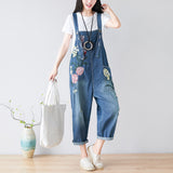 CHICMY- Women's Retro Embroidery Floral Denim Jumpsuit Overall Loose Workwear Jumpsuit for Street School