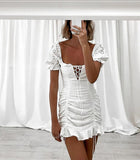 Chicmy-Frill White Cotton Eyelet Shirred Criss Cross Ruffle Hem Dress