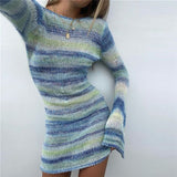 Chicmy-Ombre Fading Block Stripes Flare Long Sleeve Knitted Dress