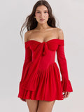 Chicmy Elegant Strapless Backless Sexy Mini Dress For Women Red Off-shoulder Long Flare Sleeve Pleated Club Party Dress 2024-Christmas Outfit