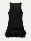 Chicmy-nye outfits Spliced Feathers Hem Women Short Dress Solid O Neck Sleeveless Female Party 2025 Sexy Evening High Waist Fashion Lady Vestidos