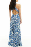 Chicmy-new fashion trend Greek Island Printed Cross Back Halter Flowy Maxi Dress