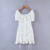 Chicmy-Frill White Cotton Eyelet Shirred Criss Cross Ruffle Hem Dress