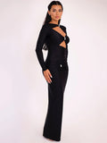 Chicmy Elegant Hollow Out Long Sleeve Sexy Maxi Dress For Women Solid Color Slim Fit Cut Out Club Party Long Dress New-Christmas Outfit