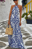 Chicmy-new fashion trend Greek Island Printed Cross Back Halter Flowy Maxi Dress