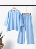 CHICMY- Women's Vintage Cotton Linen 2Piece Set Irregular Solid Top and Wide Leg Pant