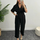 CHICMY- Women's all Match Jumpsuits Adjusted Tie Overall Loose Short Sleeve Jumpsuit