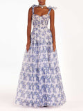 Chicmy-Hydrangea Provencal Blue Floral Maxi Tie Strap Fairy Dress