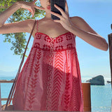 Chicmy-Pink & Red Cotton Combination Crochet Knit Dress