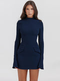 Chicmy Dark Blue Two Pocket Sexy Mini Dress For Women 2023 Autumn Winter New Long Sleeve Bodycon Club Party Dress Elegant-Christmas Outfit