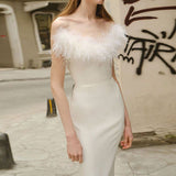 Chicmy-Couture White Feather Trim Cocktail Midi Strapless Dess With Feathers