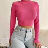 Chicmy-Ribbed Cropped Tops Basics T-shirts Women Full Sleeve O Neck T Shirt Spring Clothes Pullovers Casual Fit Tees Female Clothing