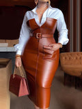 Chicmy-Womens Shirt Collar Dresses New Autumn Buttons Long Sleeve PU Leather Patchwork Pocket Skinny Belted Lapel Female Midi Dress