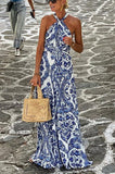 Chicmy-new fashion trend Greek Island Printed Cross Back Halter Flowy Maxi Dress