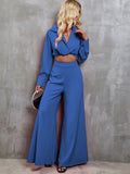 Chicmy-Winter Outfits Women's Daily Set Collared Neck Long Sleeve Top and Wide Leg Pants Set