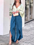 CHICMY- V-Neck Ruffle Top & Hem Split Wide Leg Pants 2Piece Set