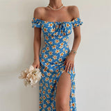 Chicmy-Summer Sun Dress Boho Off Shoulder Square Neck Short Sleeve Floral Print Bodycon Slit Vestidos Women Elegant Vacation Dresses