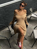 Chicmy-nye outfits Elegant Knitted Ribbed Sweater Mini Dress Women Autumn Winter Flare Sleeve O-neck Vestidos Party Club Ladies Pullover Dresses