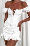 Chicmy-Frill White Cotton Eyelet Shirred Criss Cross Ruffle Hem Dress