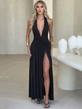 Chicmy Halter Deep V Neck Backless Maxi Dress For Women Fashion Solid Sleeveless Thigh High Split Sexy Long Dress Elegant-Christmas Outfit