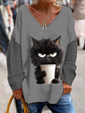 Chicmy- Cat Knitted V Neck Casual Shirt