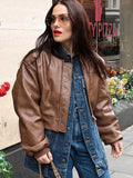 Chicmy-nye outfits Vintage Imitation Leather Bomber Jacket Women O-neck Zipper Pockets Long Sleeve  Short Coat 2025 Autumn Lady Y2K Street Outwear