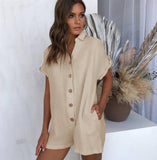 CHICMY- Women Summer Jumpsuit Solid Color Lapel Shirt Button Workwear Jumpsuit Casual High Waist Straight Pants