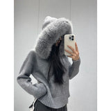 Chicmy-90s streetwear Y2K American sexy slim-fit solid color fur collar design long-sleeved zipper cardigan hoodie for women winter warm versatile top