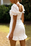 Chicmy-Frill White Cotton Eyelet Shirred Criss Cross Ruffle Hem Dress