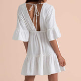 Chicmy-Casual Ruffle Trimmed Long Puff Sleeve V Cut Out Back V Neck Dress