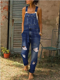 CHICMY- Casual Solid Ripped Slit Strap Sleeveless Regular Denim Jumpsuits with Front Pocket