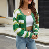 Chicmy-Winter Outfits Women's Green Striped Sweater Cardigan Crew Neck Crop Short Sweater Cardigan