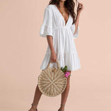 Chicmy-Casual Ruffle Trimmed Long Puff Sleeve V Cut Out Back V Neck Dress