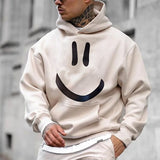 CHICMY- Smile Face Hoodie Mens Graphic Pullover Sweatshirt Khaki Hooded Cartoon Prints Daily Sports Streetwear Designer Basic Spring & Fall Clothing Apparel Casual White Cotton