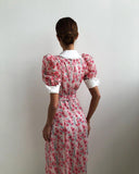 Chicmy-Lolita Retro Doll Collar Buttoned Floral Midi Dress Puff Sleeve