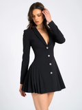 Chicmy Autumn Black Blazer Mini Dress For Women Fashion V Neck Single-breasted Long Sleeve High Waist Pleated Sexy Dress-Christmas Outfit